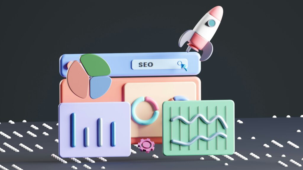 3D illustration of SEO elements including a browser window, charts, graphs, and a rocket, representing digital marketing, search engine optimization, and content marketing for our first article on ilyasmarketinghub.com.