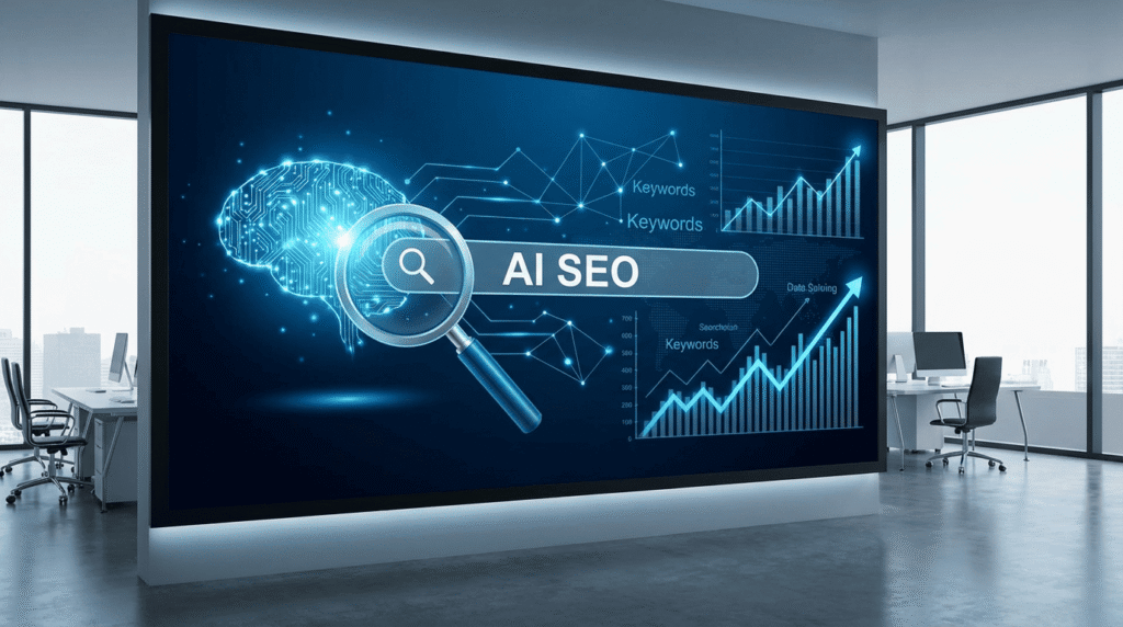 AI SEO 2026 visualization showing artificial intelligence analyzing search data, keywords, and performance metrics on a futuristic digital dashboard