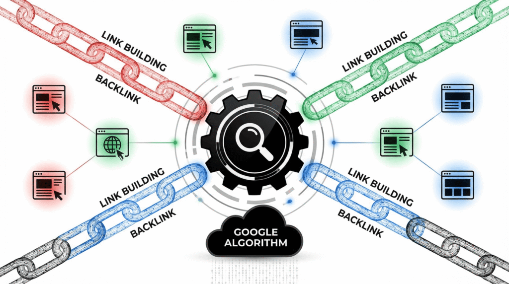 Link Building in 2026 concept showing backlinks connecting websites around a central Google algorithm hub