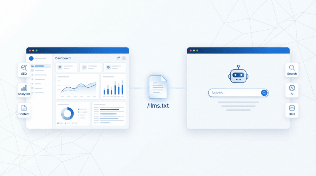 llms.txt file connecting website dashboard data to AI search interface