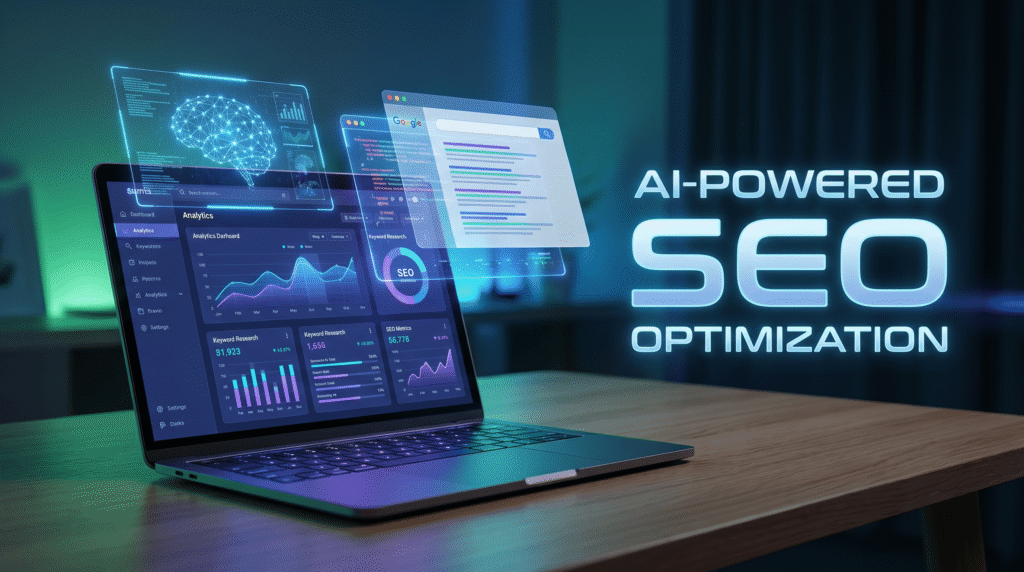 How to use AI for SEO illustrated with a laptop showing analytics dashboard, keyword research data, and AI-powered SEO optimization tools in a modern workspace