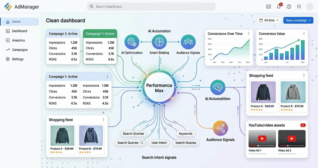 Performance max campaigns dashboard showing AI automation, audience signals, shopping feed, video assets, and Google Ads conversion growth.