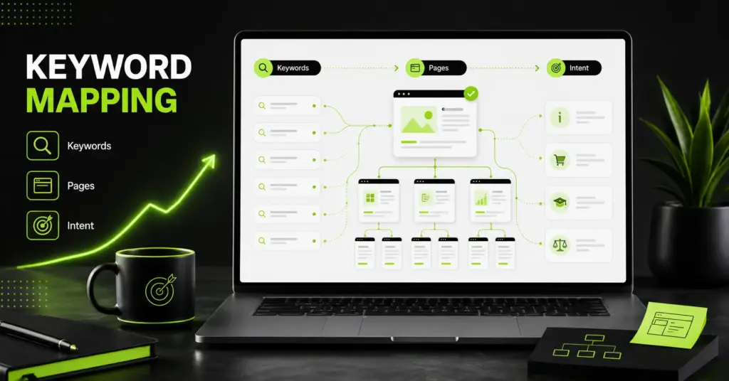 Keyword mapping dashboard showing SEO keywords, page cards, search intent labels, and internal linking structure on a modern workspace screen