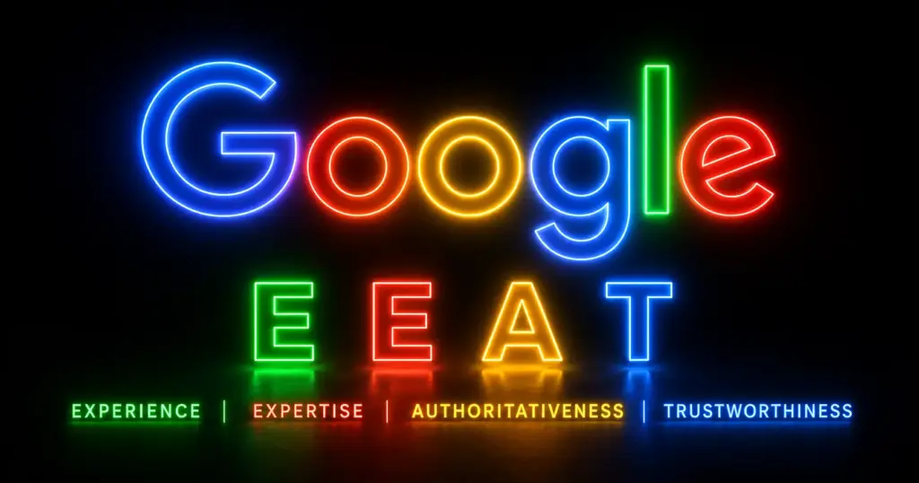 E-E-A-T SEO neon concept showing Google E-E-A-T with Experience, Expertise, Authoritativeness, and Trustworthiness trust signals