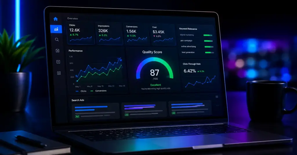 Google Ads quality score dashboard with PPC metrics, keyword relevance indicators, and neon performance graphs on a laptop screen.