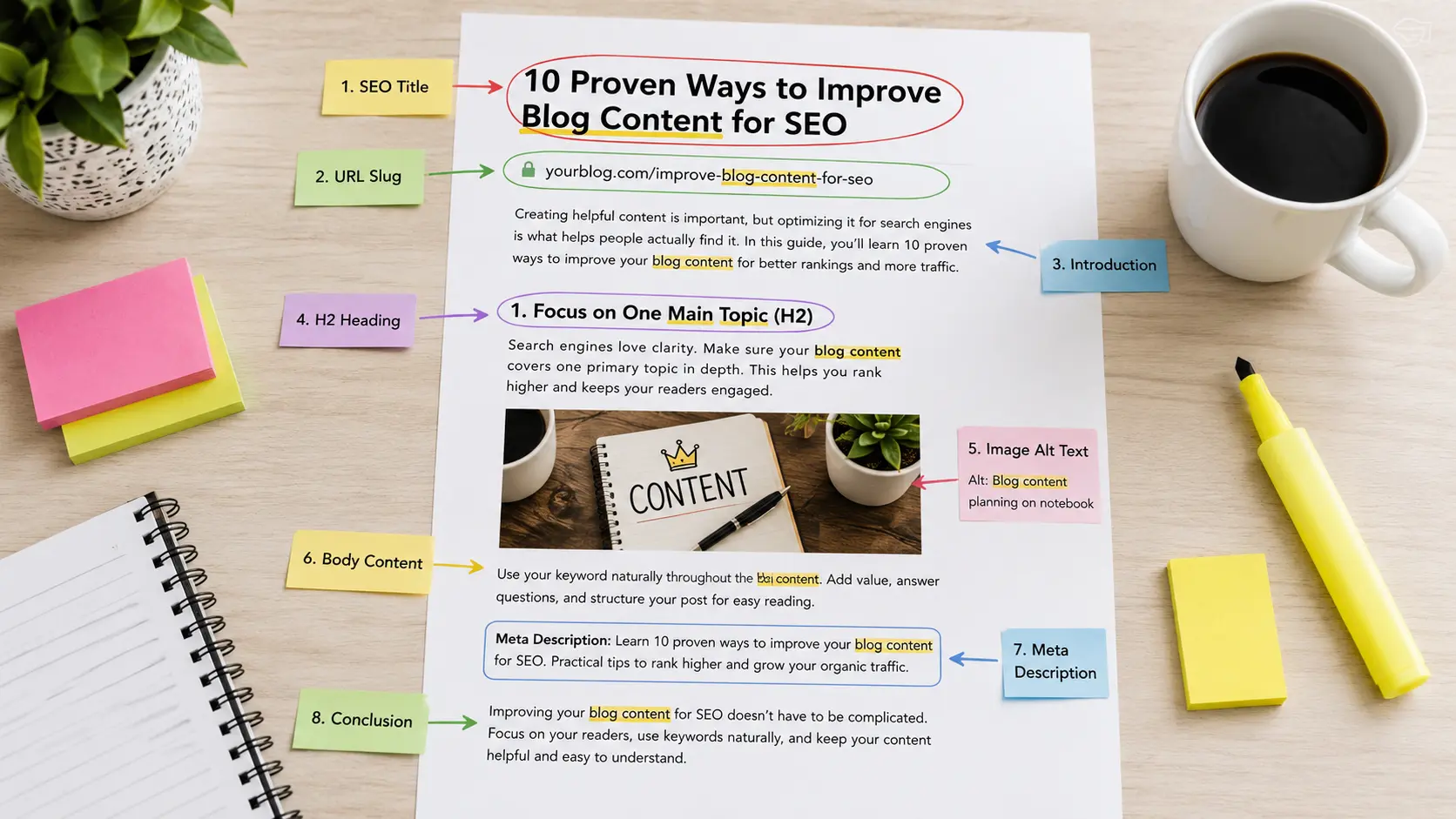 Content SEO checklist showing how to use long tail keywords naturally in blog posts