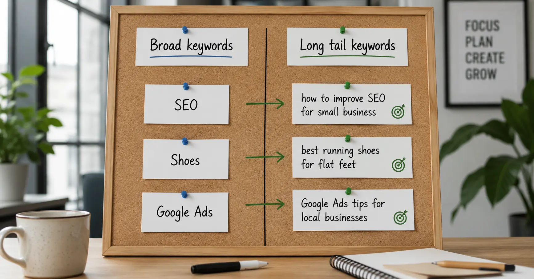 SEO board showing long tail keyword strategy for better search visibility