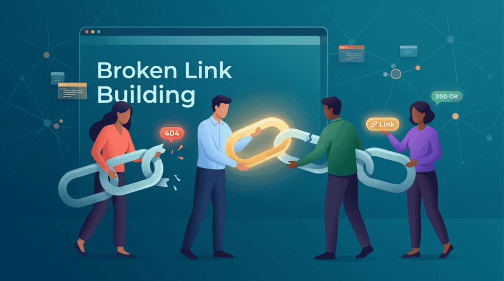 Broken link building illustration showing marketers replacing a 404 broken chain link with a working backlink for better SEO growth.
