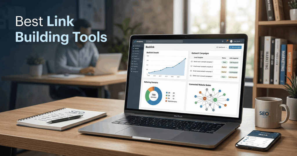 Best link building tools dashboard showing backlink analytics, outreach campaigns, referring domains, and connected website nodes on a laptop