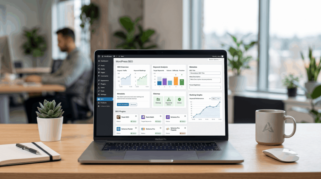Best WordPress SEO plugins displayed on a laptop dashboard with SEO analytics, metadata fields, sitemap tools, and ranking graphs in a modern workspace