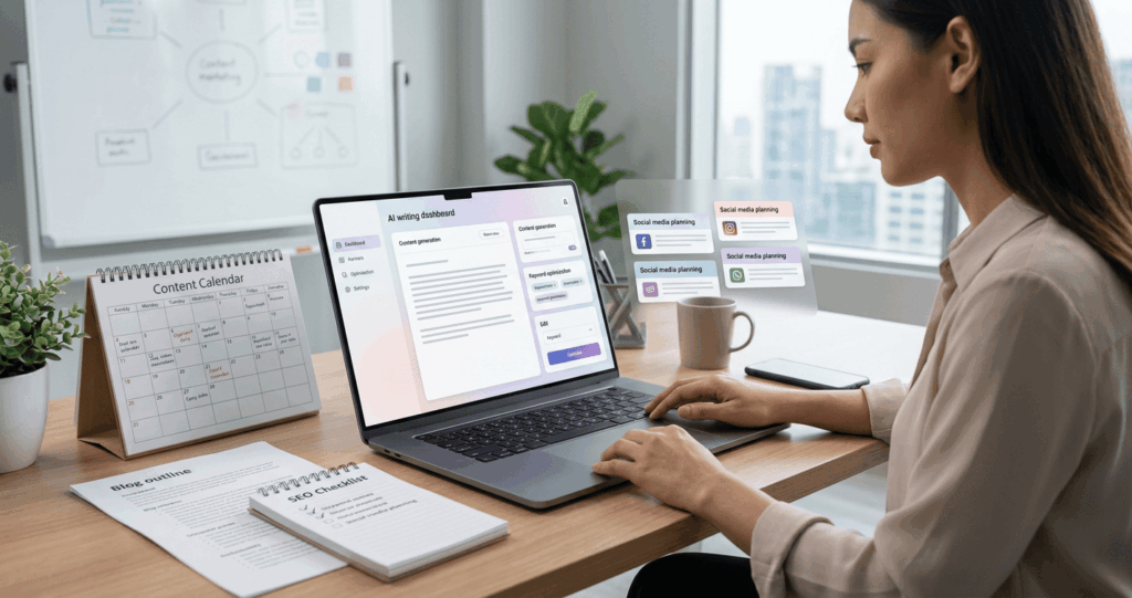 ai writing tools dashboard for content marketing with SEO checklist and content calendar