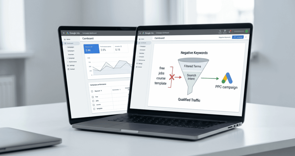 Google Ads negative keywords shown on laptop screens filtering irrelevant search terms to improve PPC campaign traffic quality.