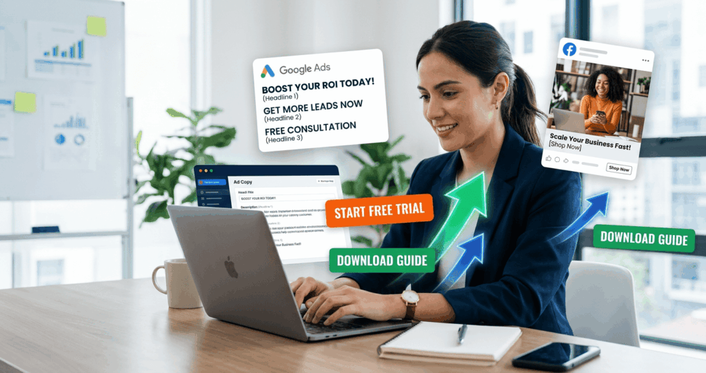 Ad copywriting strategist creating Google Ads and social media ads with CTA buttons and growth arrows on screen.