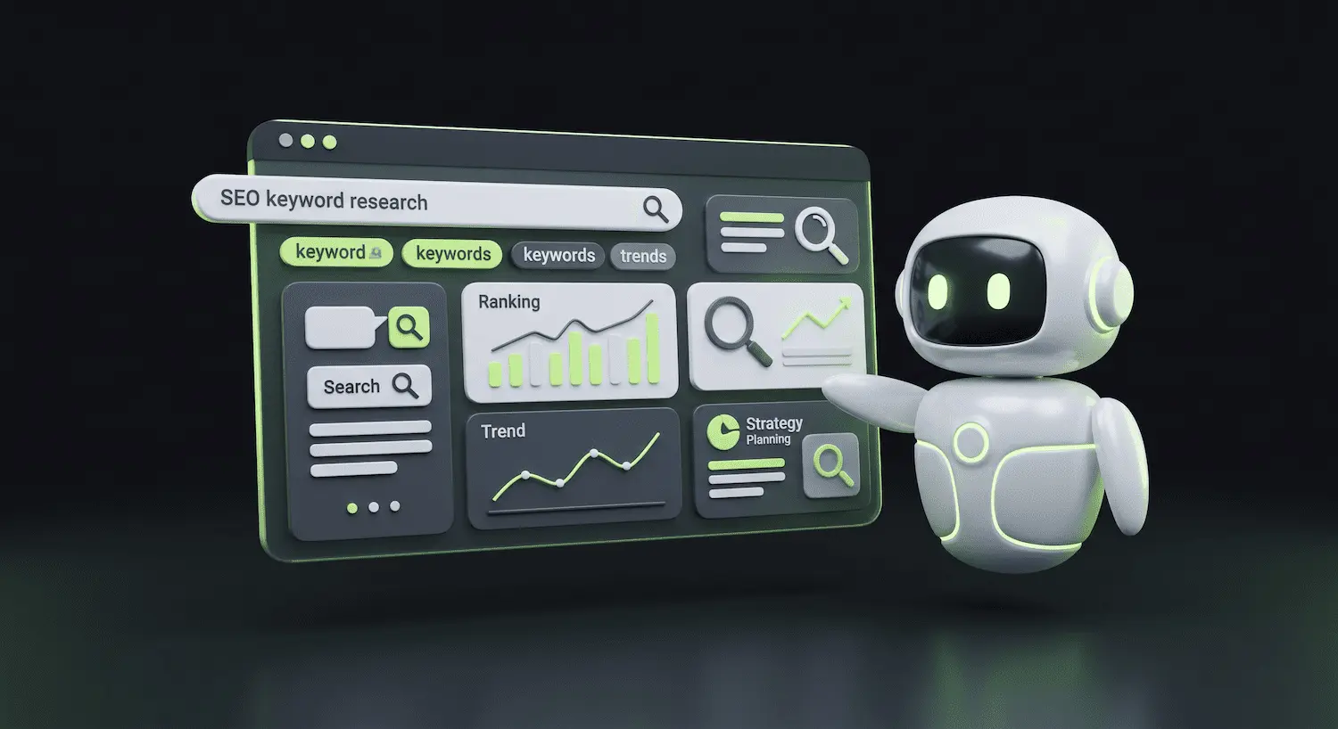 White 3D robot presenting an SEO keyword research dashboard with search bars, ranking charts, trend graphs, and strategy planning elements.