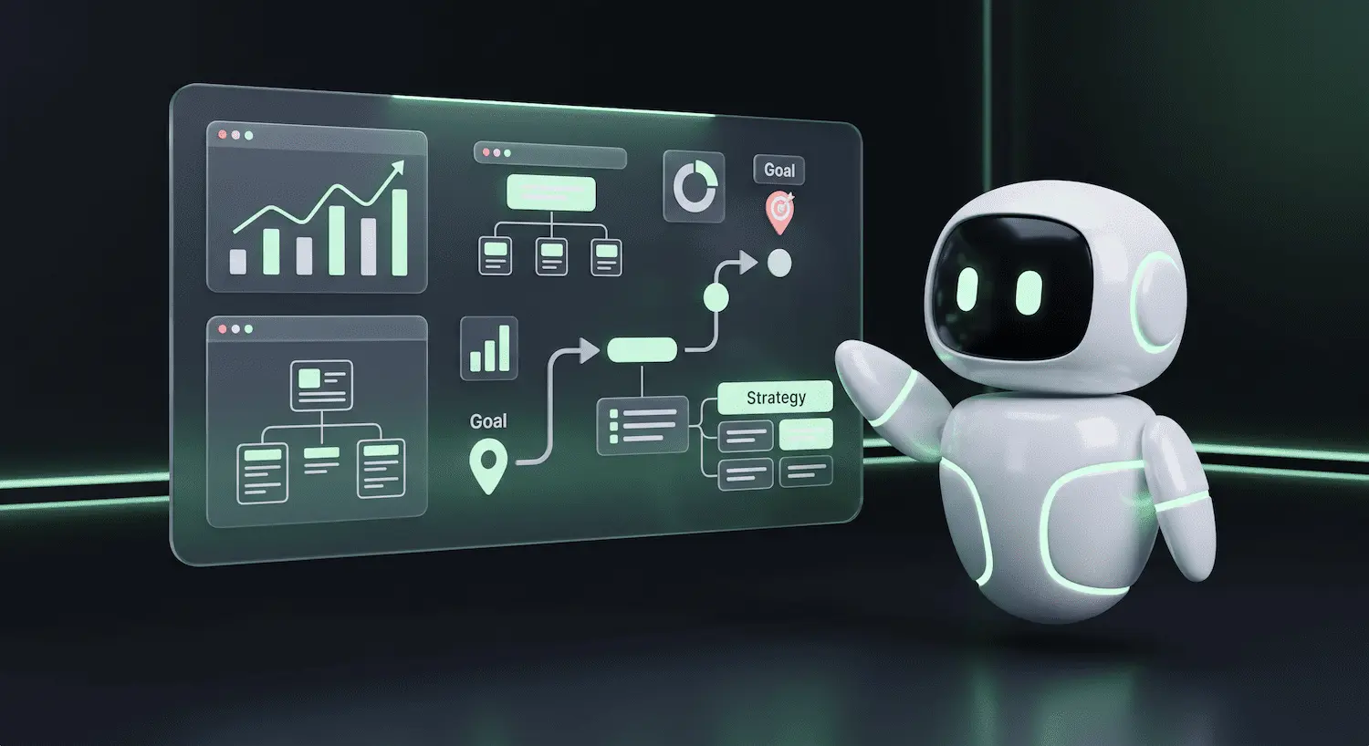 White 3D robot presenting an SEO strategy dashboard with growth charts, website structure diagrams, goal markers, and planning visuals.