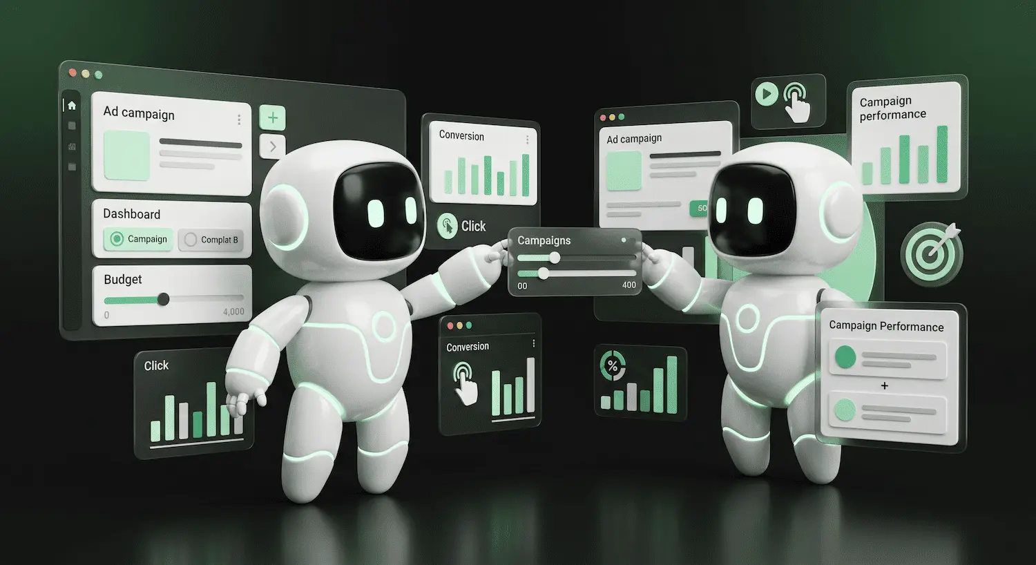 AI robots optimizing digital ad campaigns with campaign dashboards, conversion charts, budget controls and performance analytics on a dark green interface.