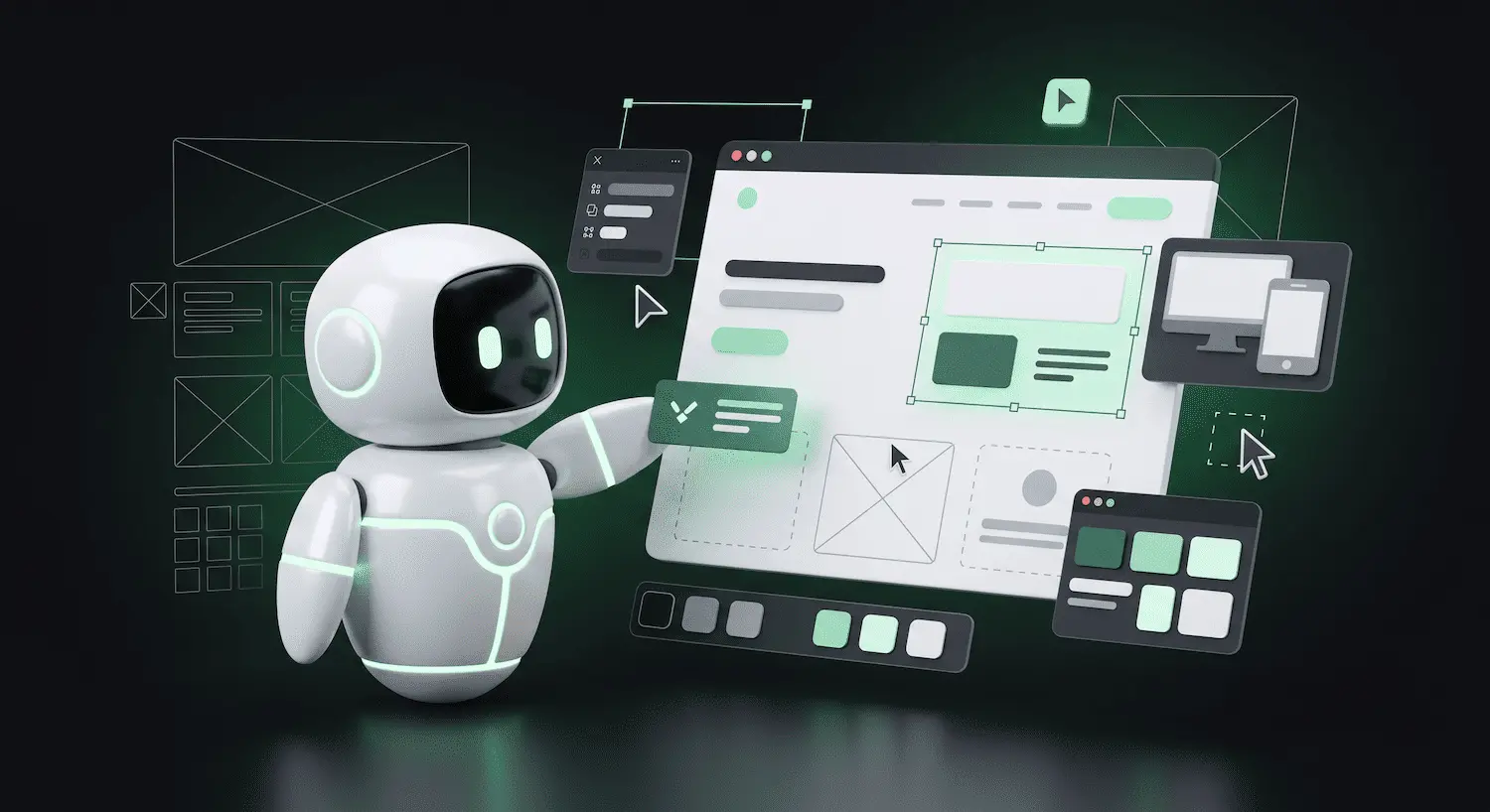 AI robot designing a modern website layout with responsive screens, wireframes, UI elements and color palettes on a dark green digital interface.