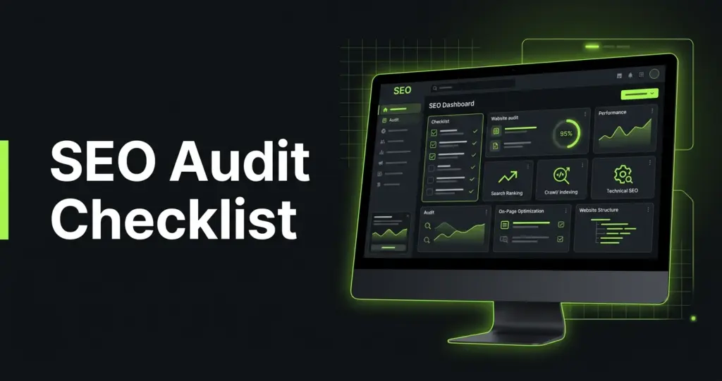 SEO audit checklist dashboard with technical SEO audit, website SEO audit and on-page SEO checklist elements in black and neon green design.