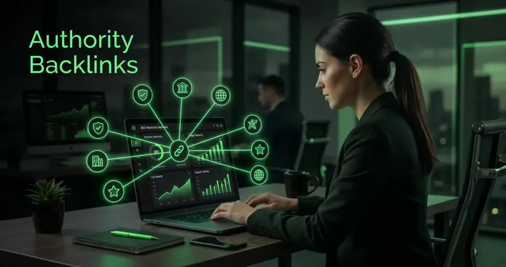 Authority backlinks strategy showing an SEO specialist analyzing high authority backlinks, quality backlinks, and authority link building data on a digital dashboard.
