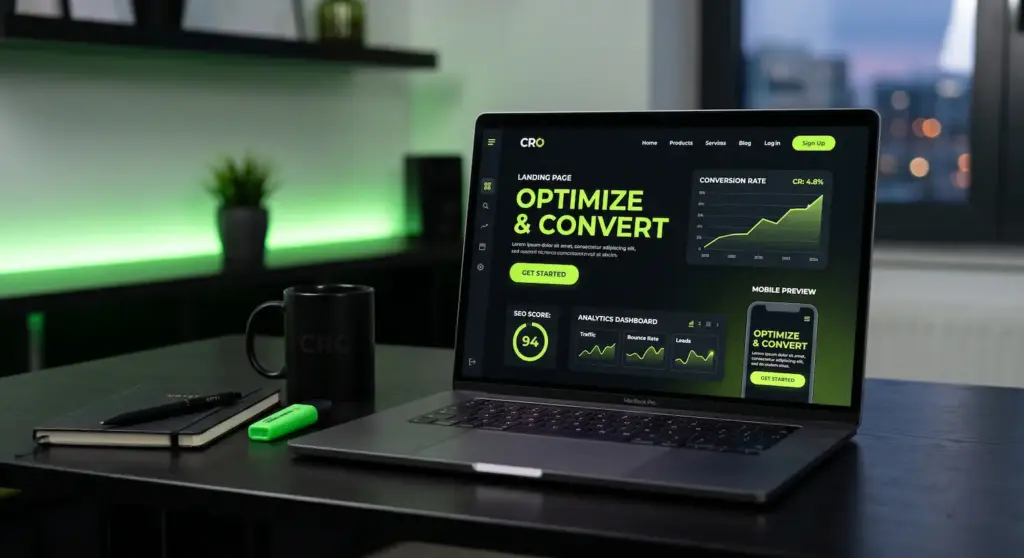 Realistic landing page optimization workspace with black and neon green design, showing analytics dashboard, SEO score, mobile preview, and conversion rate chart on a laptop screen.