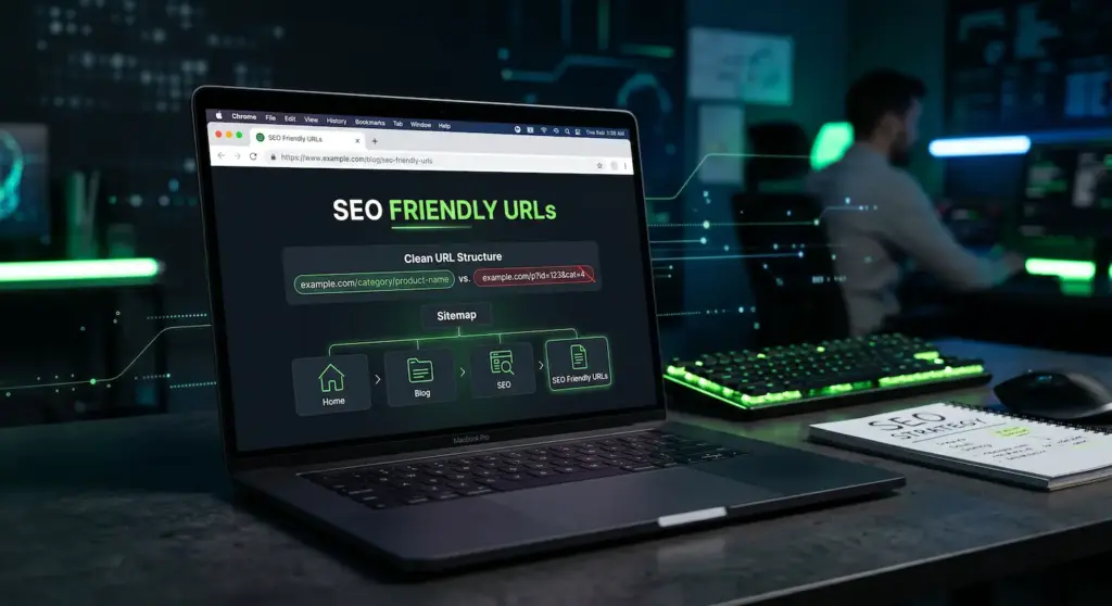 SEO friendly URLs guide showing a laptop with clean URL structure, sitemap icons, and neon green digital SEO visuals on a dark background.