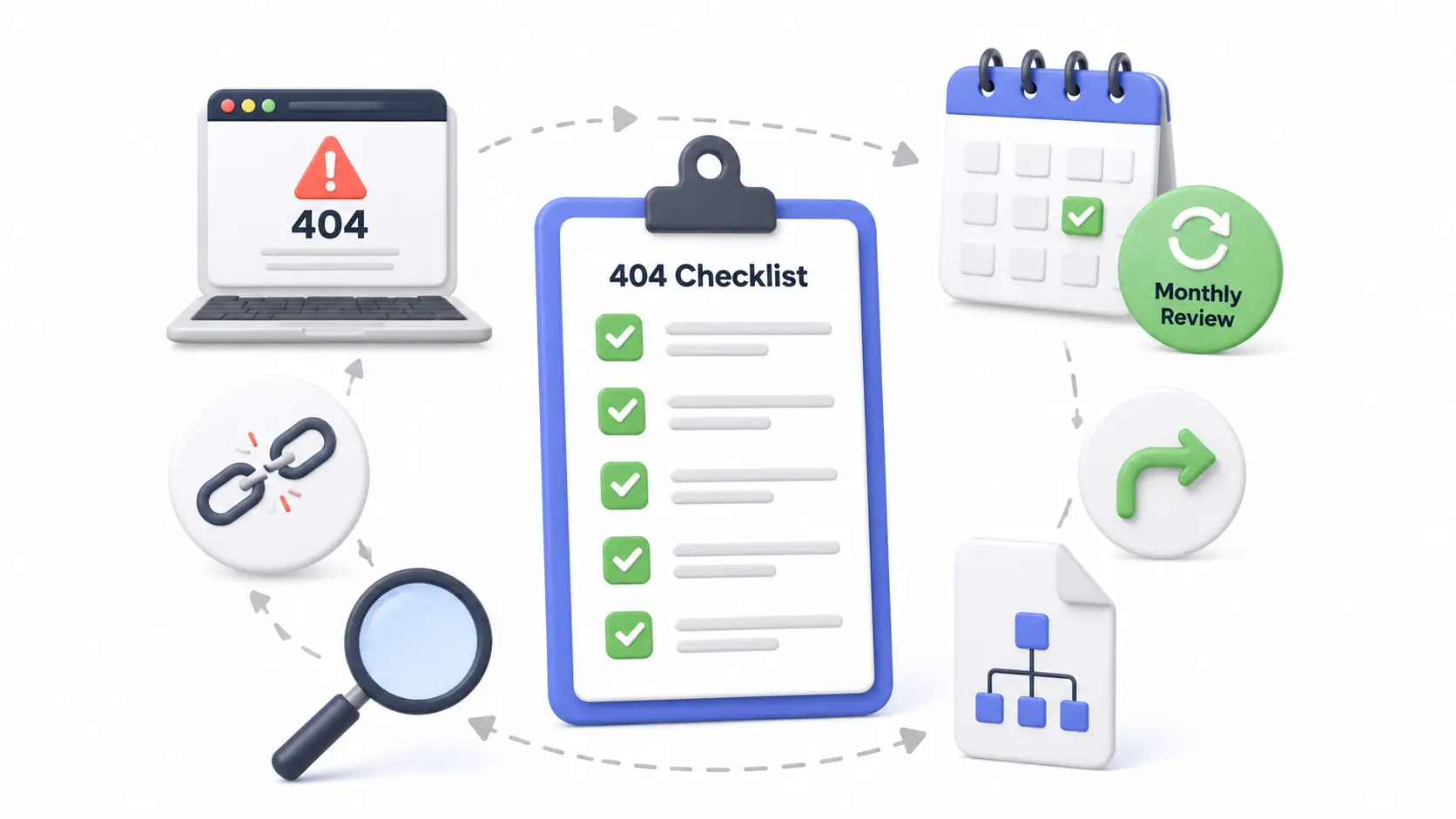 404 errors checklist showing the monthly technical SEO review process for missing pages