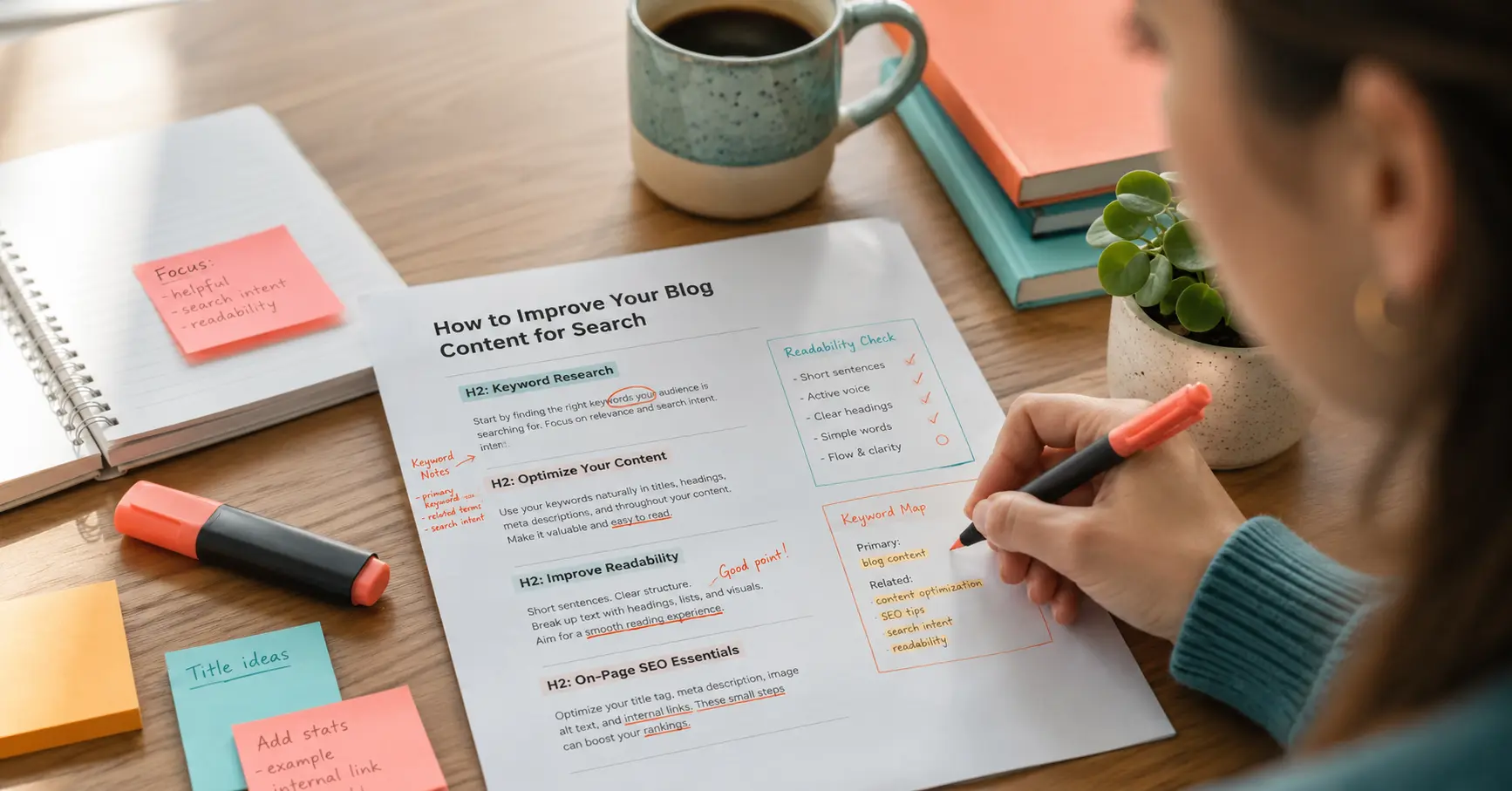 Content optimization process showing how to improve readability and SEO rankings