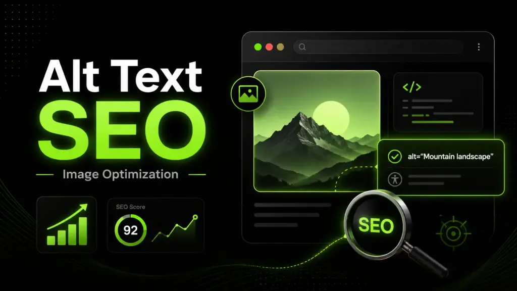 Alt Text SEO image optimization dashboard with alt text example, SEO score, analytics icons, and search magnifier on a black and neon green background.