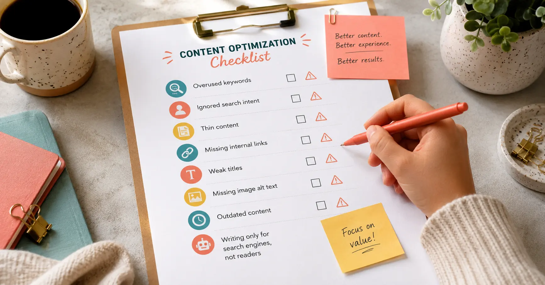 Content optimization checklist showing what to review before publishing SEO content