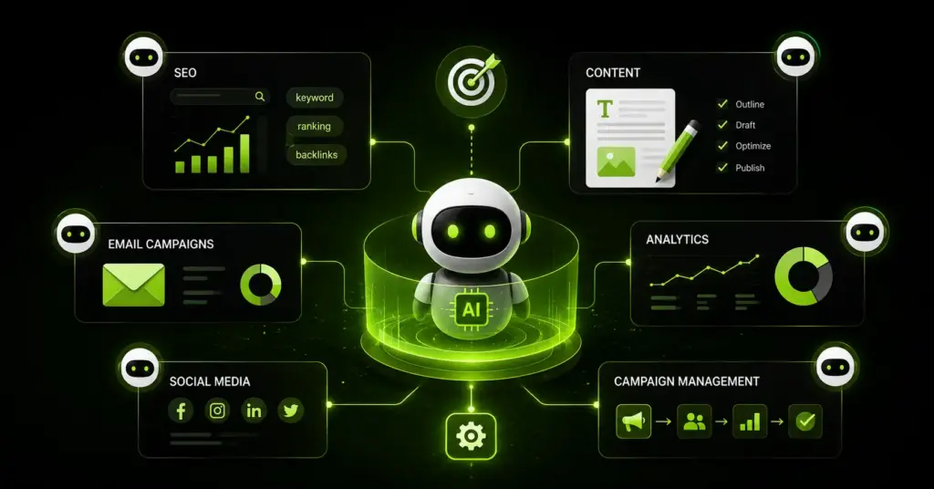 AI agents for marketing dashboard showing a central AI robot connected to SEO, content, email campaigns, analytics, social media, and campaign management panels on a black and neon green background.