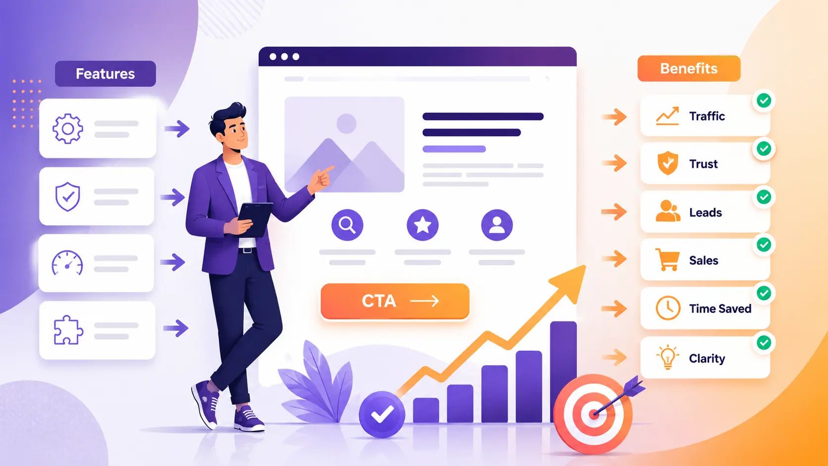 SEO copywriting for higher conversions showing benefit-focused copy and clear calls to action