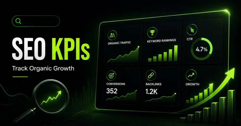 SEO KPIs dashboard showing organic traffic, keyword rankings, CTR, conversions, backlinks, and growth metrics.