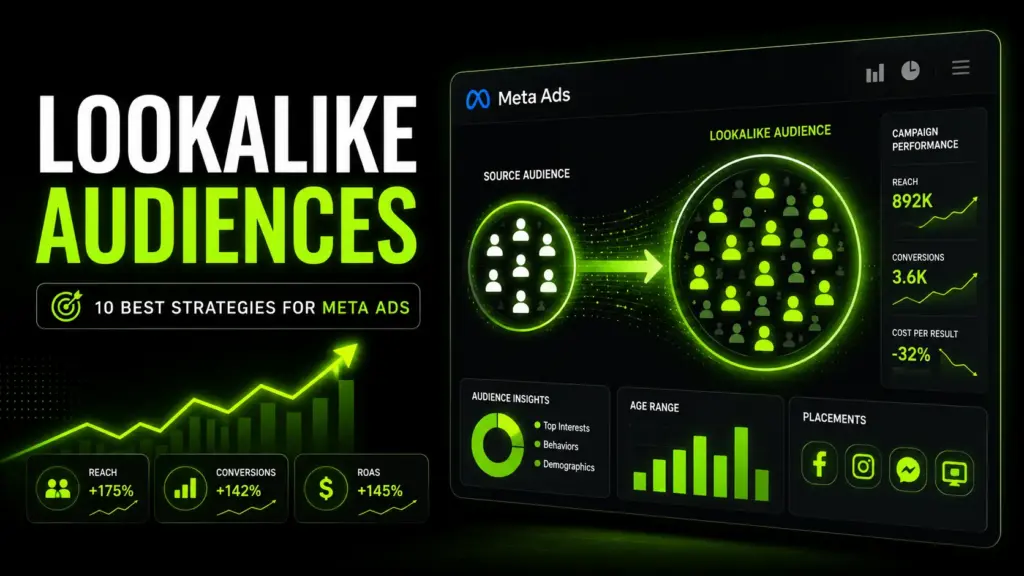 Lookalike audiences dashboard showing Meta Ads source audience expansion, targeting insights, campaign performance metrics, and audience growth charts.