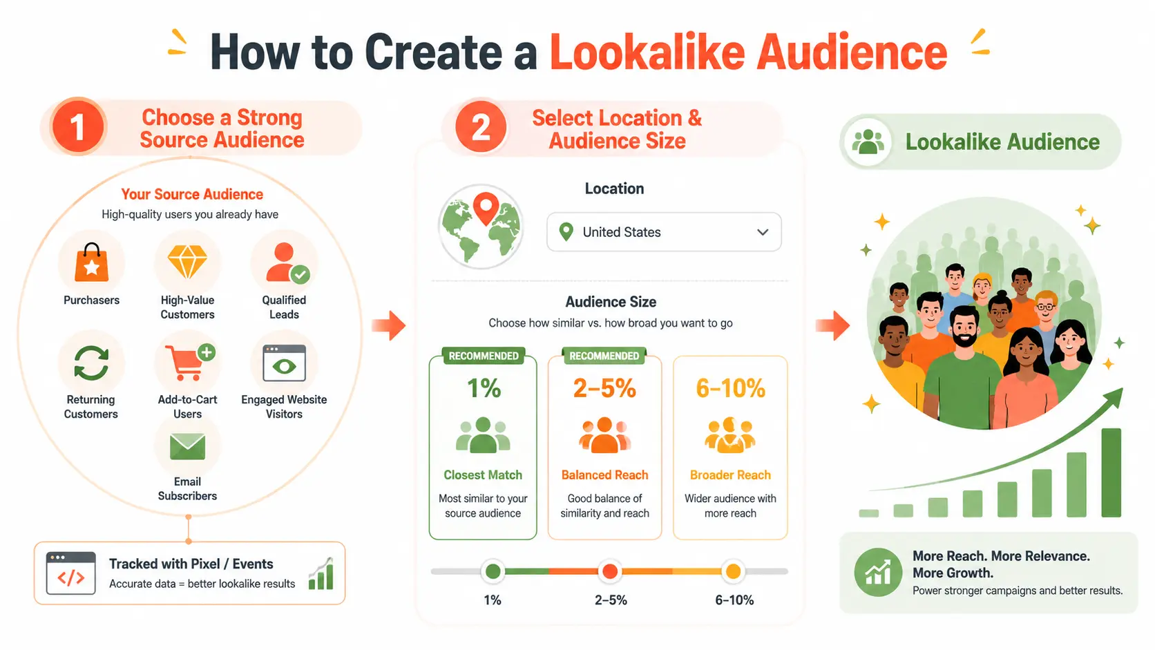 How lookalike audiences work in Meta Ads showing source audience analysis and audience creation