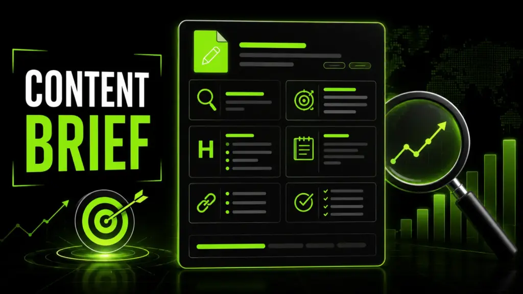 Content brief SEO dashboard with keyword research, content structure, internal linking, checklist, target goal, and performance chart in black and neon green design.