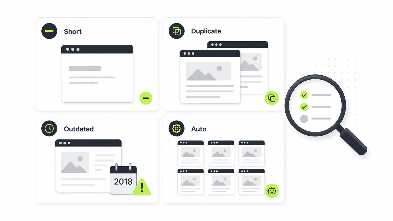 Common types of thin content pages showing short, duplicate, and auto-generated page examples