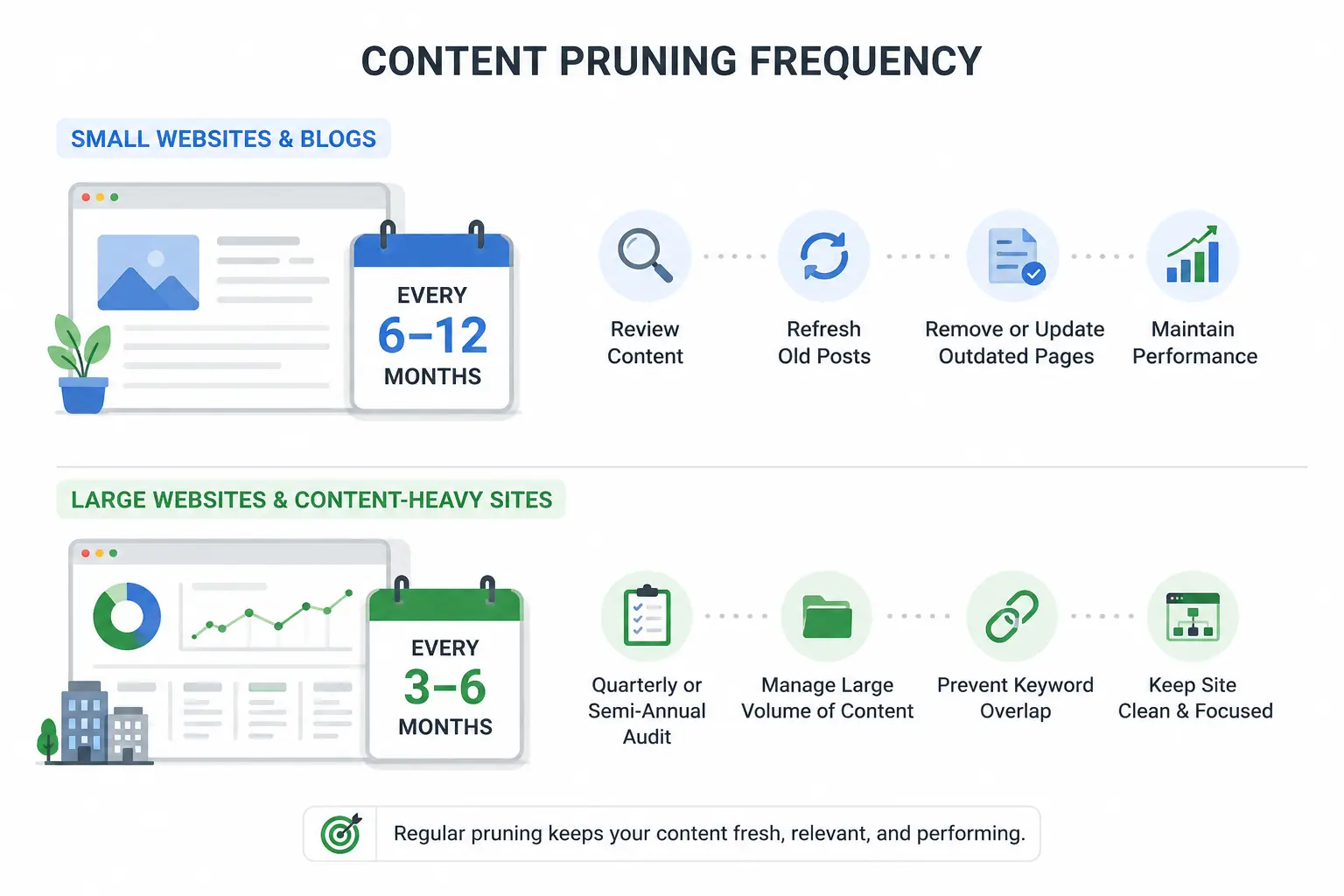 Content pruning frequency for small and large websites showing recommended audit timelines
