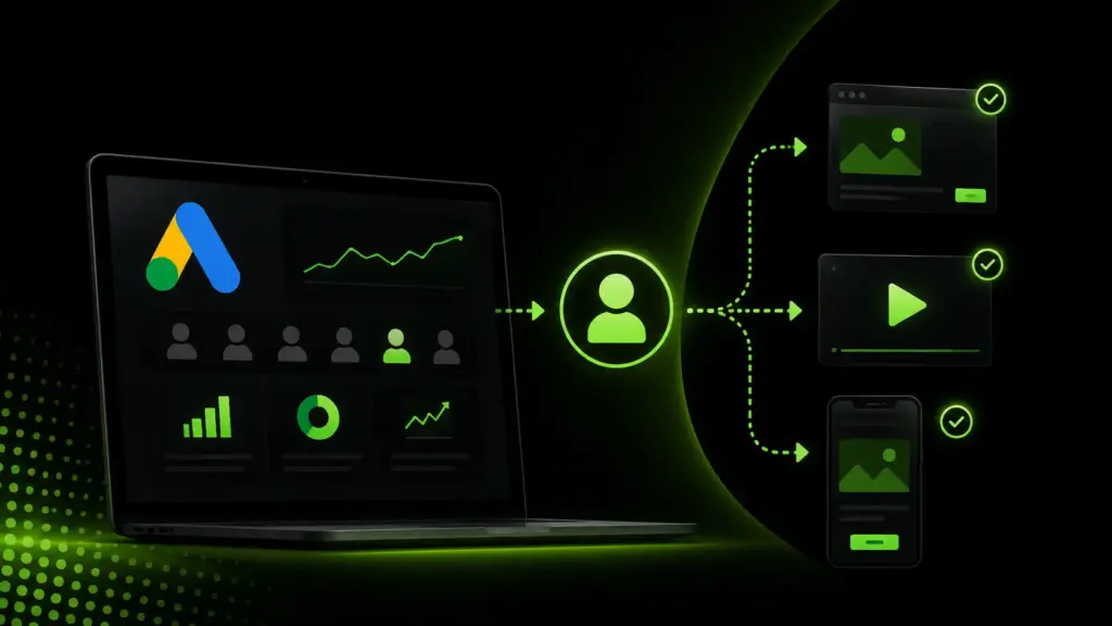 Google Ads remarketing dashboard showing audience targeting, retargeting flow, and ad placements on a dark neon green background.