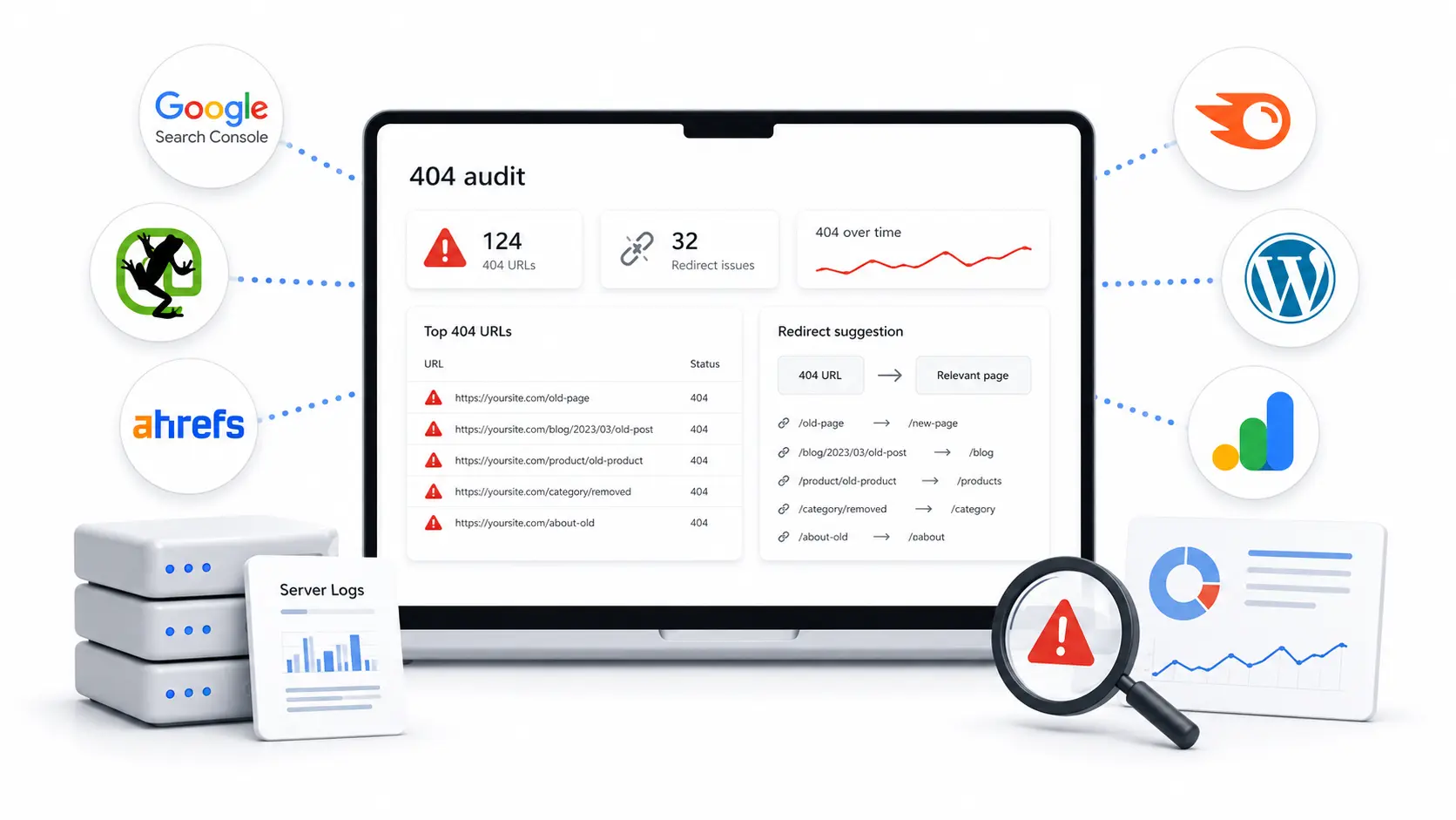 How to find 404 errors with SEO tools showing Google Search Console and crawler workflows