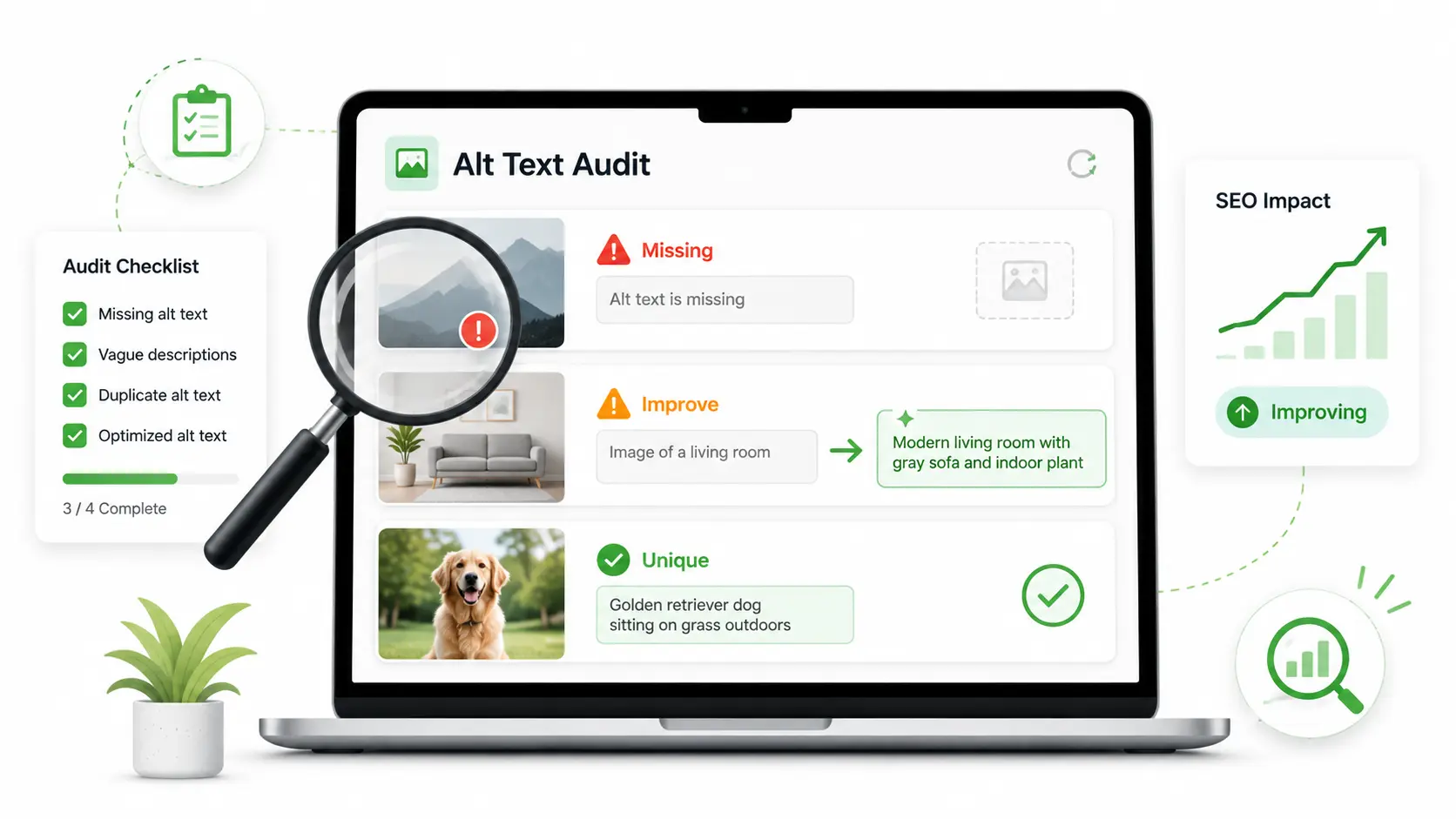 How to review and improve alt text SEO showing an audit process for existing image descriptions