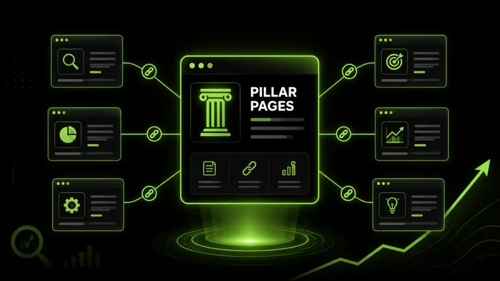 Pillar pages SEO illustration showing a central content hub connected to topic cluster pages, internal links, and growth analytics on a black and neon green background.