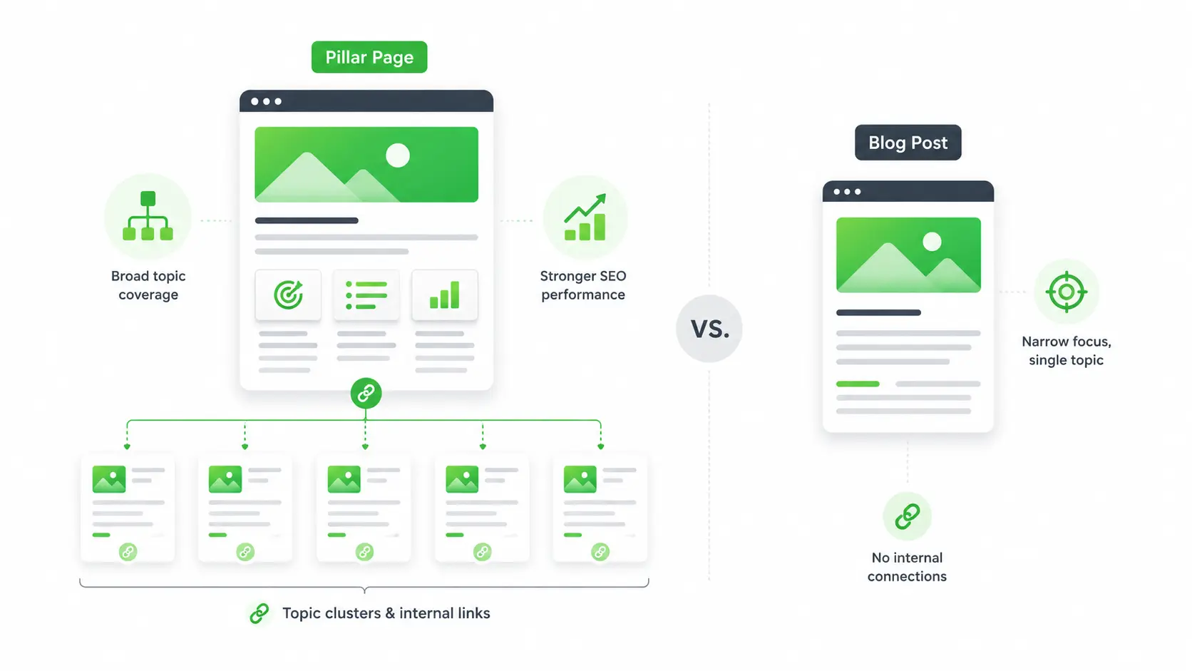 Pillar pages vs regular blog posts showing the key differences in scope, purpose, and SEO strategy