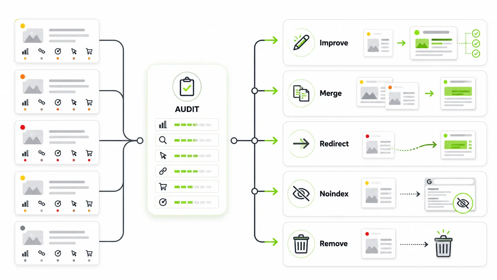 Should you improve, merge, redirect, or remove thin content showing the four-action decision process