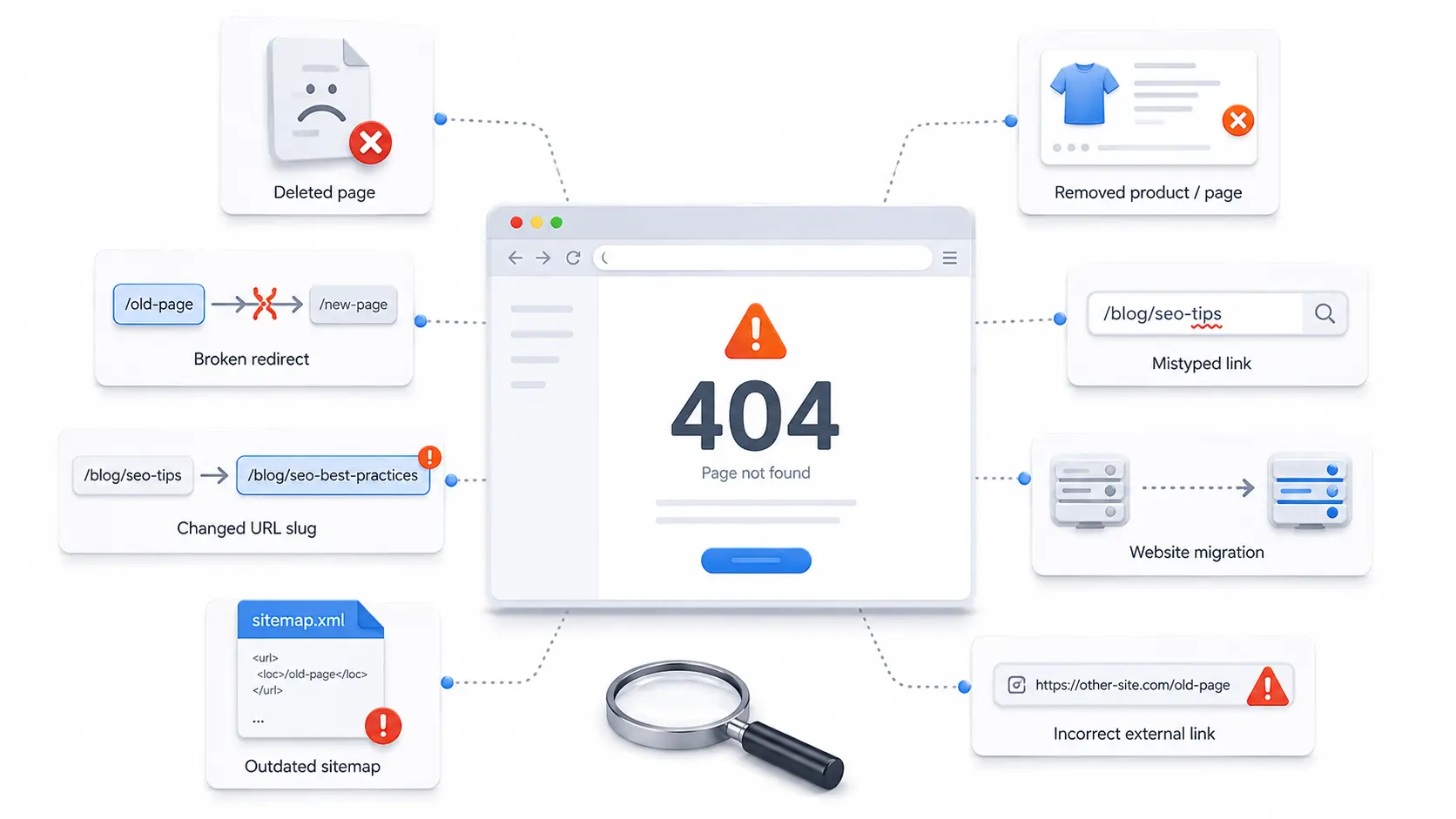 Why 404 errors appear on websites showing common causes like deleted pages and changed URL slugs