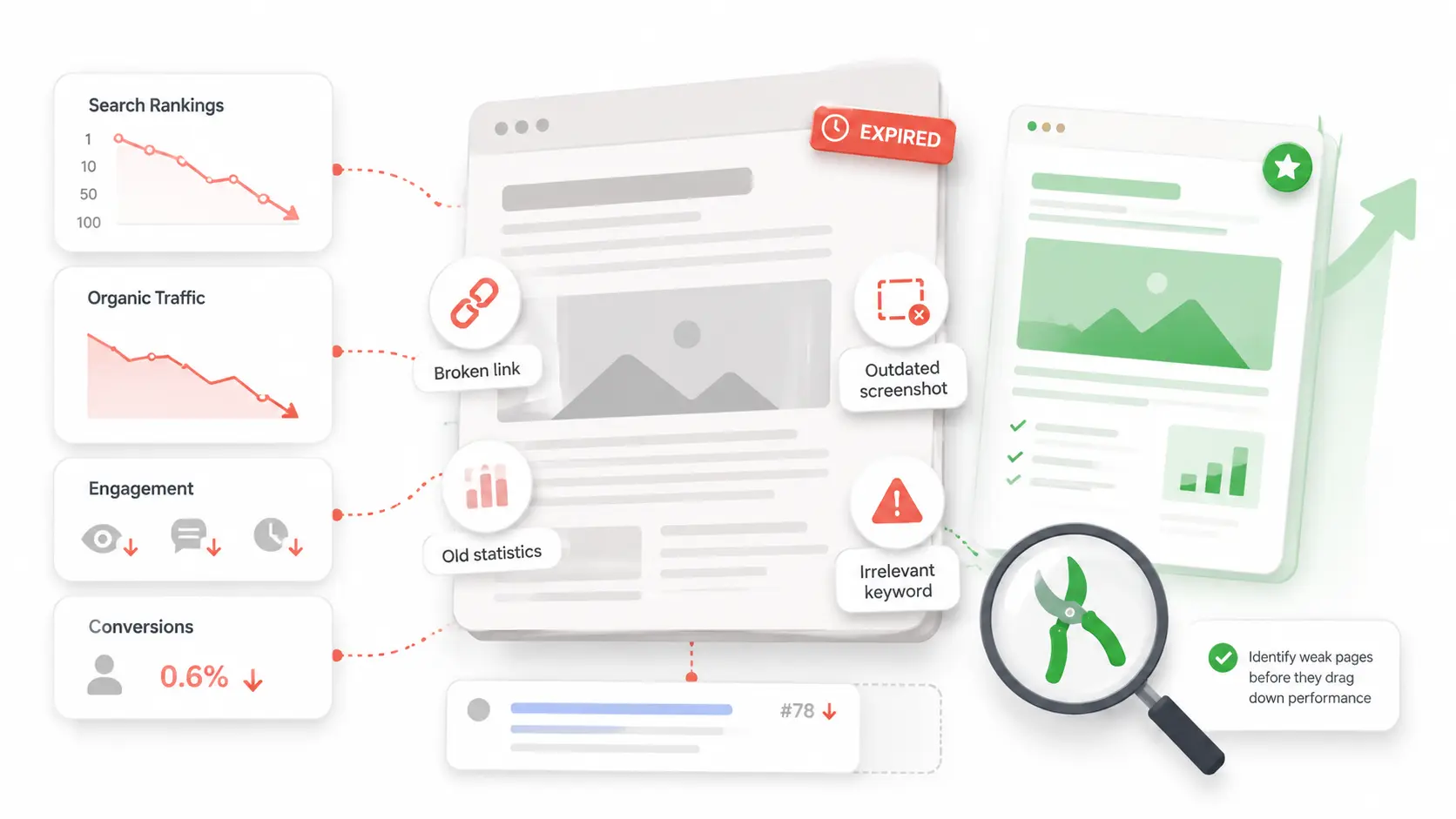 Why content pruning matters for SEO showing how removing outdated content improves site quality