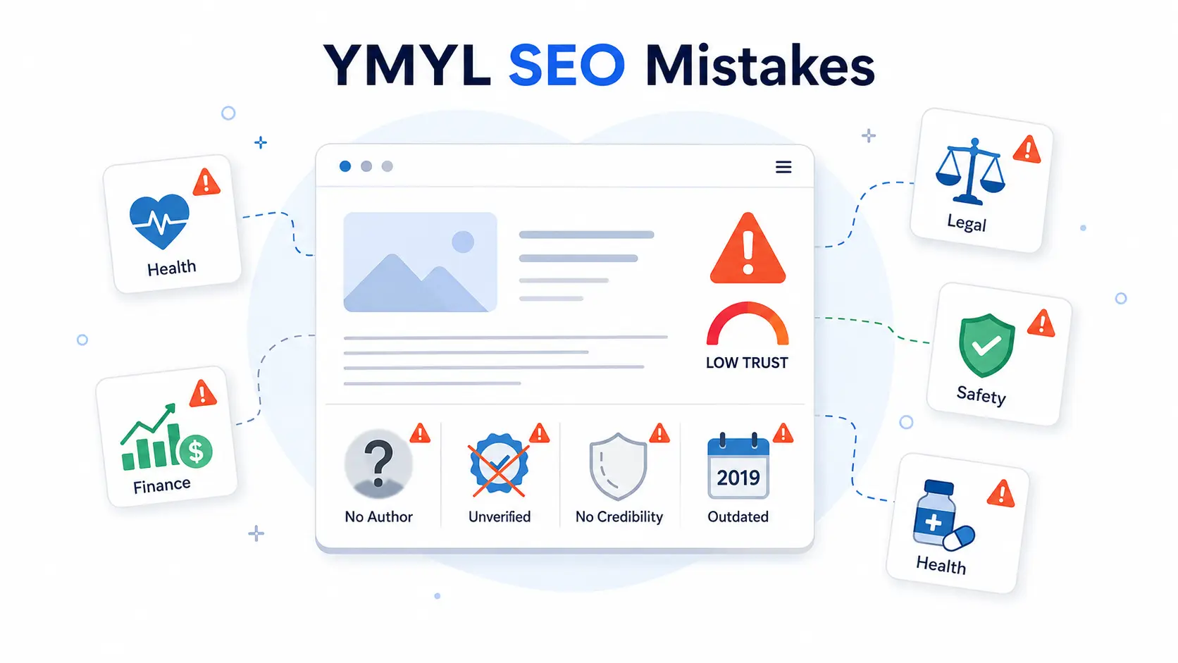 Common YMYL SEO mistakes to avoid including thin content, missing authors, and outdated information