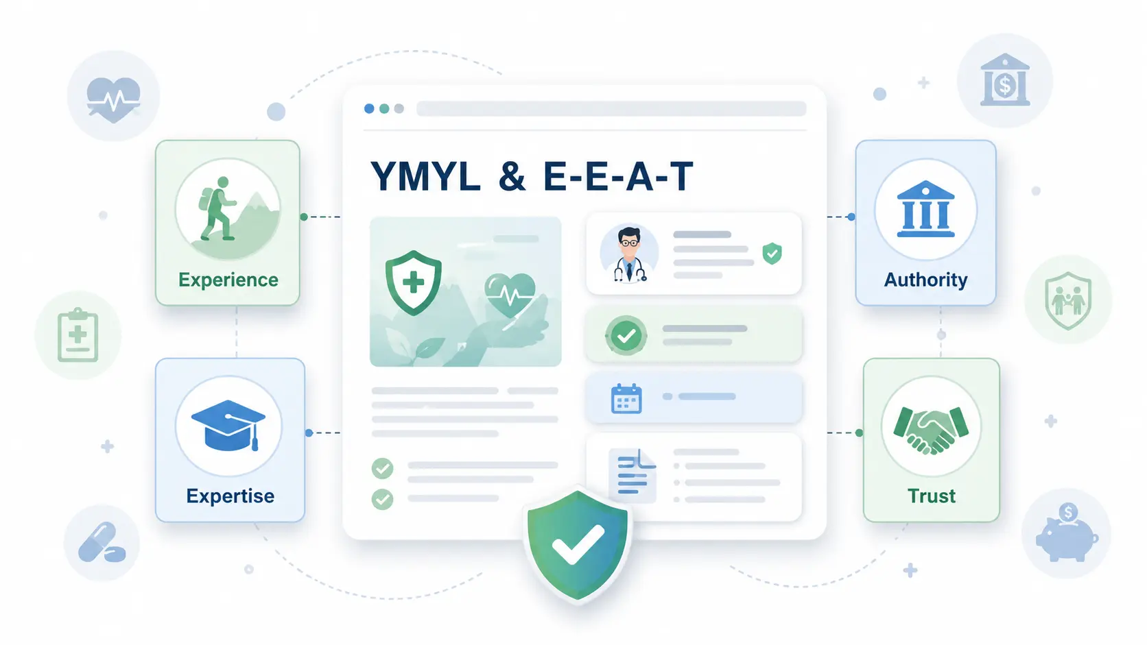 YMYL SEO and E-E-A-T SEO showing how experience, expertise, authority, and trust support sensitive content