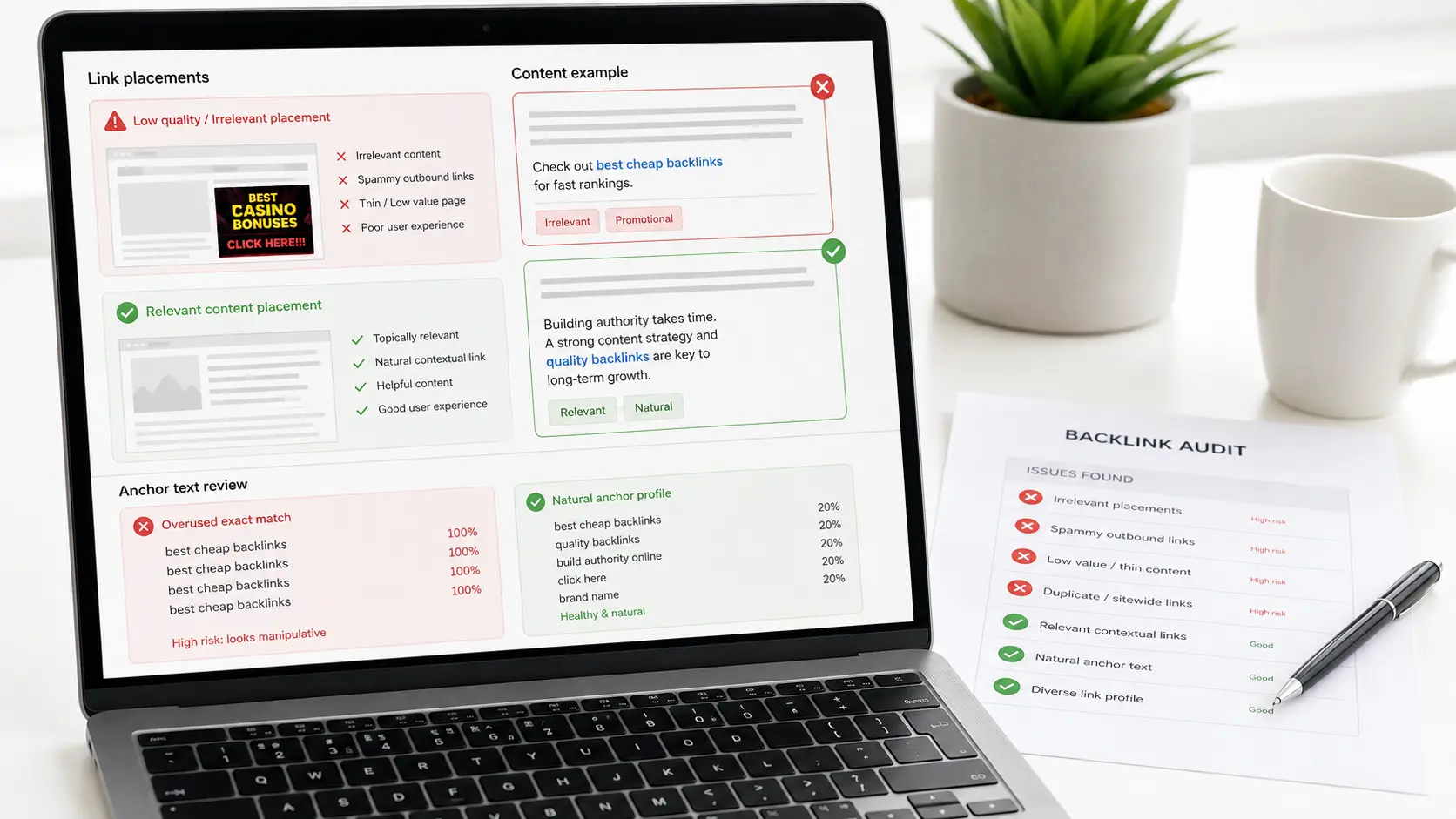Common mistakes to avoid with contextual backlinks including irrelevant placements and over-optimized anchors