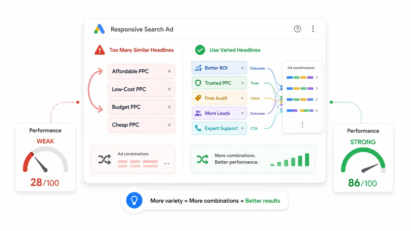 Common RSA Google Ads mistakes to avoid including repeated headlines and weak landing page relevance