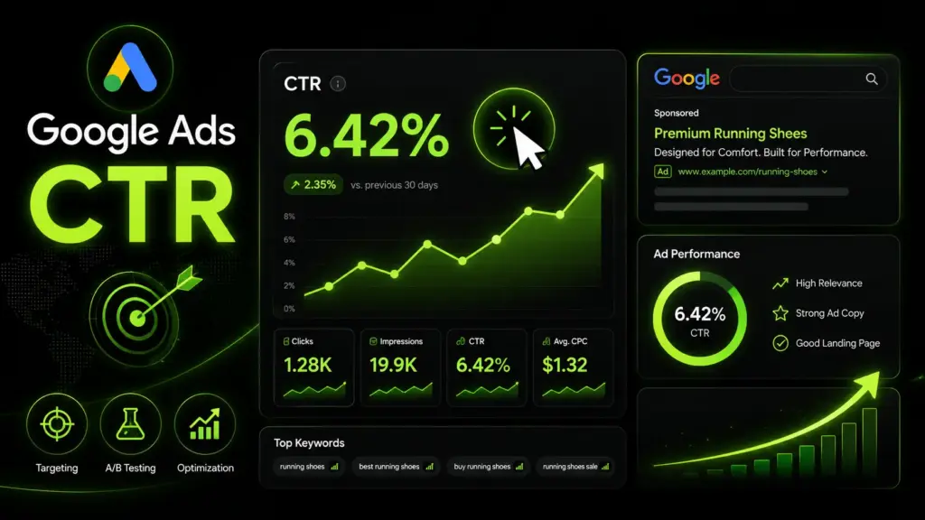 Google Ads CTR dashboard with neon green click-through rate metrics, search ad preview, keyword cards, clicks, impressions, and performance growth charts.